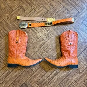 Men’s Size 9 Orange Los Altos Ostrich Leather Cowboy Boots With Matching Belt